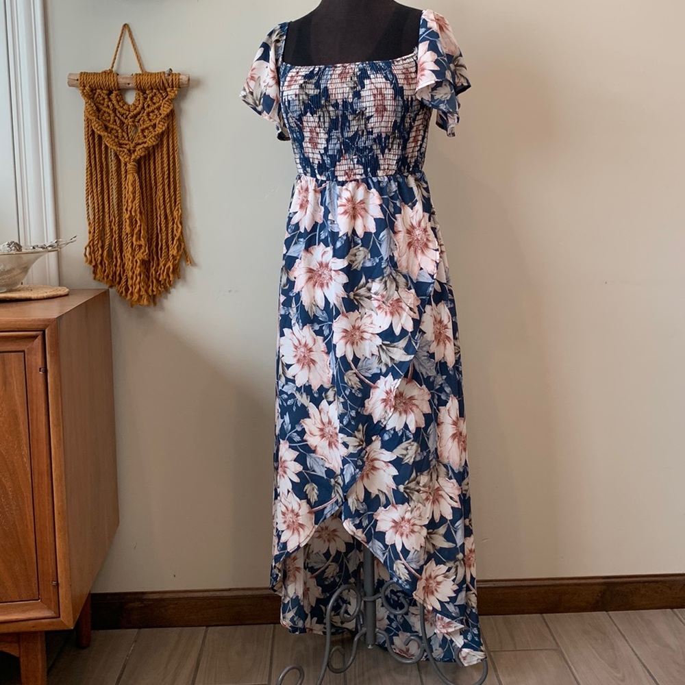 Pink Blush Blue Floral Off Shoulder Smocked Wrap Maternity Dress, postpartum too